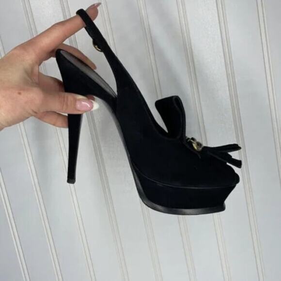 Yves Saint Laurent Black Suede Fringe Chain Open Toe Slingback Stiletto Heel 8.5 - Picture 4 of 8